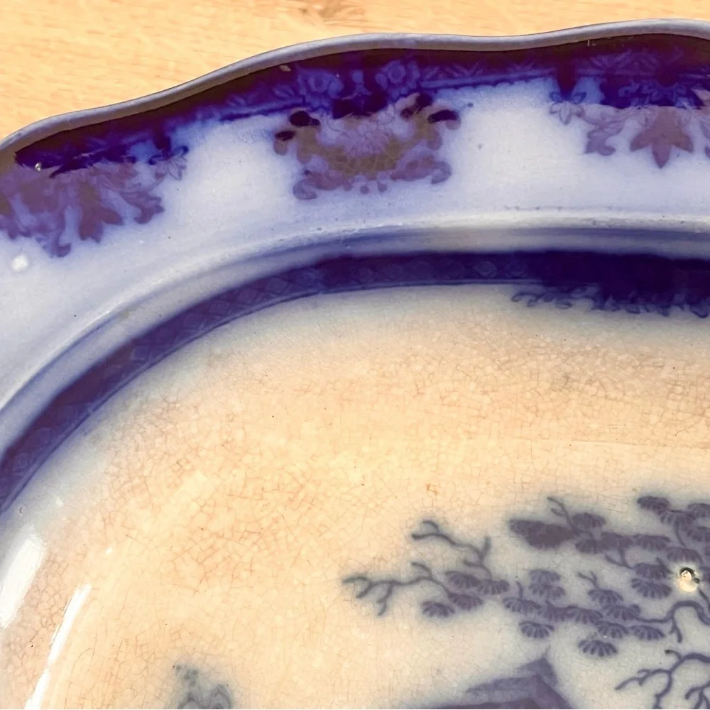ANTIQUE 1846s PRIMITIVE AMOY DAVENPORT LG. AMERICAN FLOW BLUE PLATTER‎ BOWL 12”